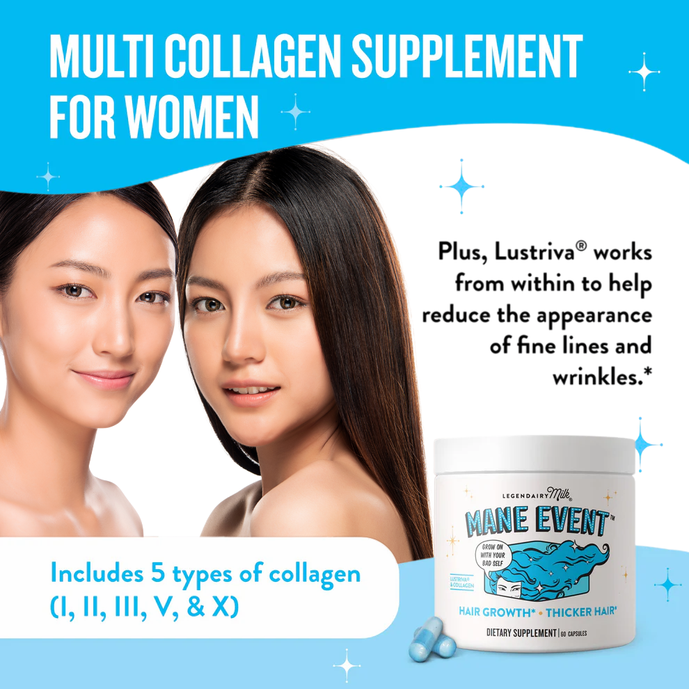 Advertisement for a multi-collagen supplement for women with two women's faces and a supplement container.