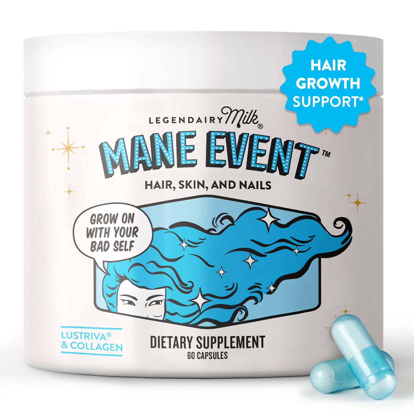 Mane Event hair skin nail supplement with Lustriva® and collagen to support thicker hair growth, glowing skin, and stronger nails – Legendairy Milk Singapore