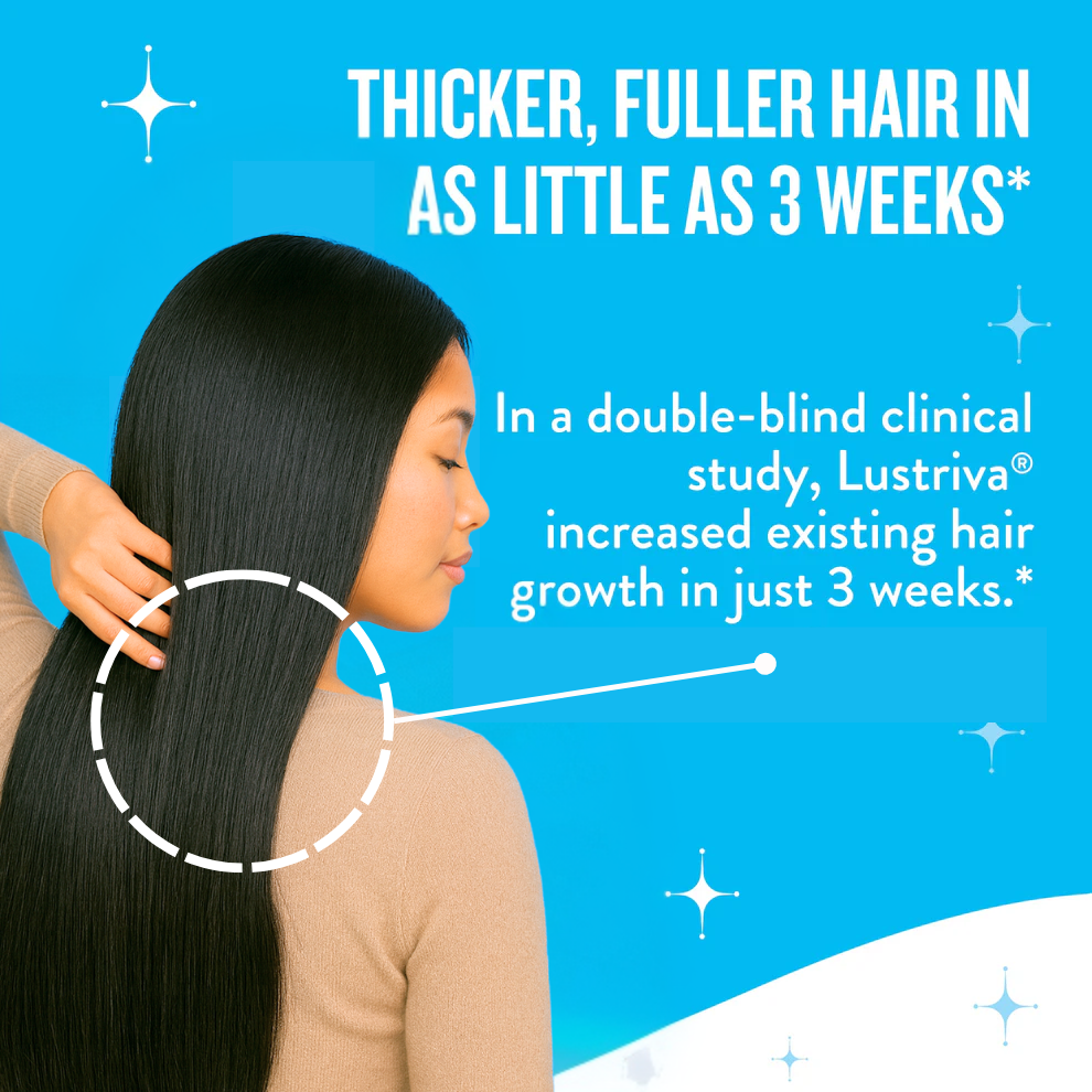 Advertisement for Mane Event hair growth product with a woman showing off her long, healthy hair against a blue background.
