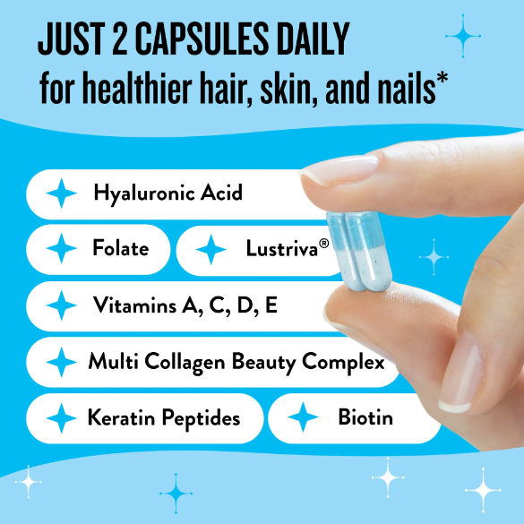 Advertisement for a supplement with text about health benefits and ingredients on a blue background.