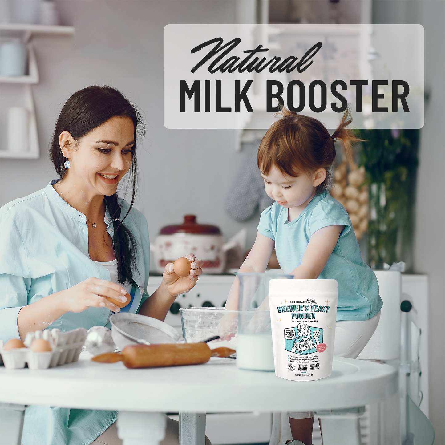 Mother Baking With Her Child Using Brewer's Yeast Powder