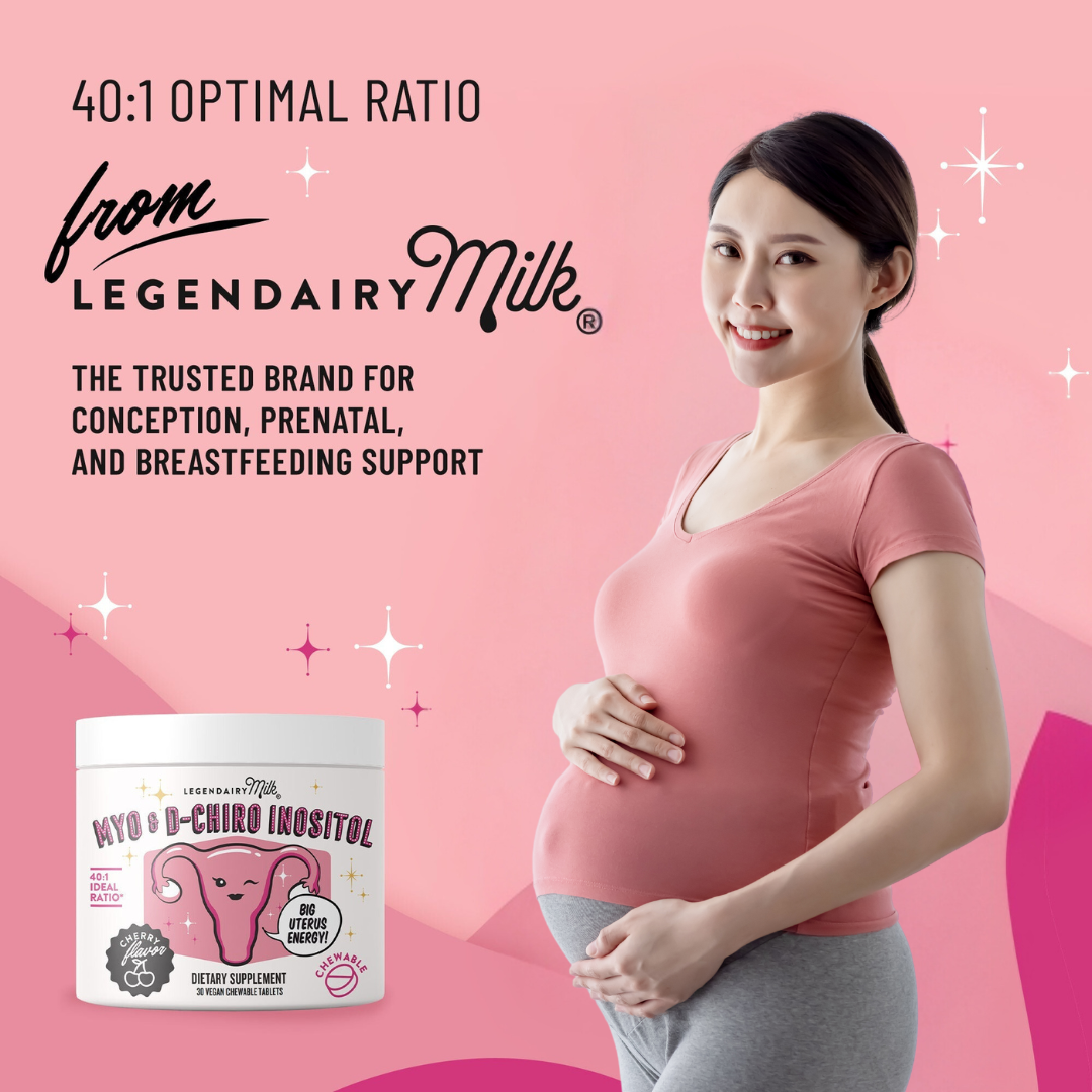 pregnant woman withMyo & D-Chiro Inositol Chewable Tablets bottle