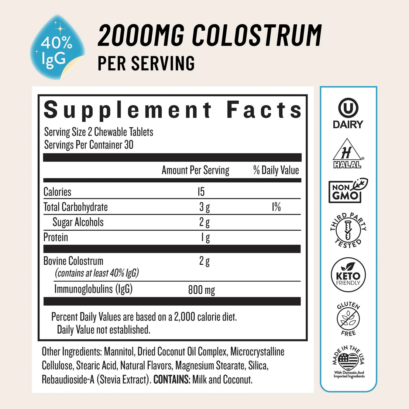 colostrum chewable supplment facts label