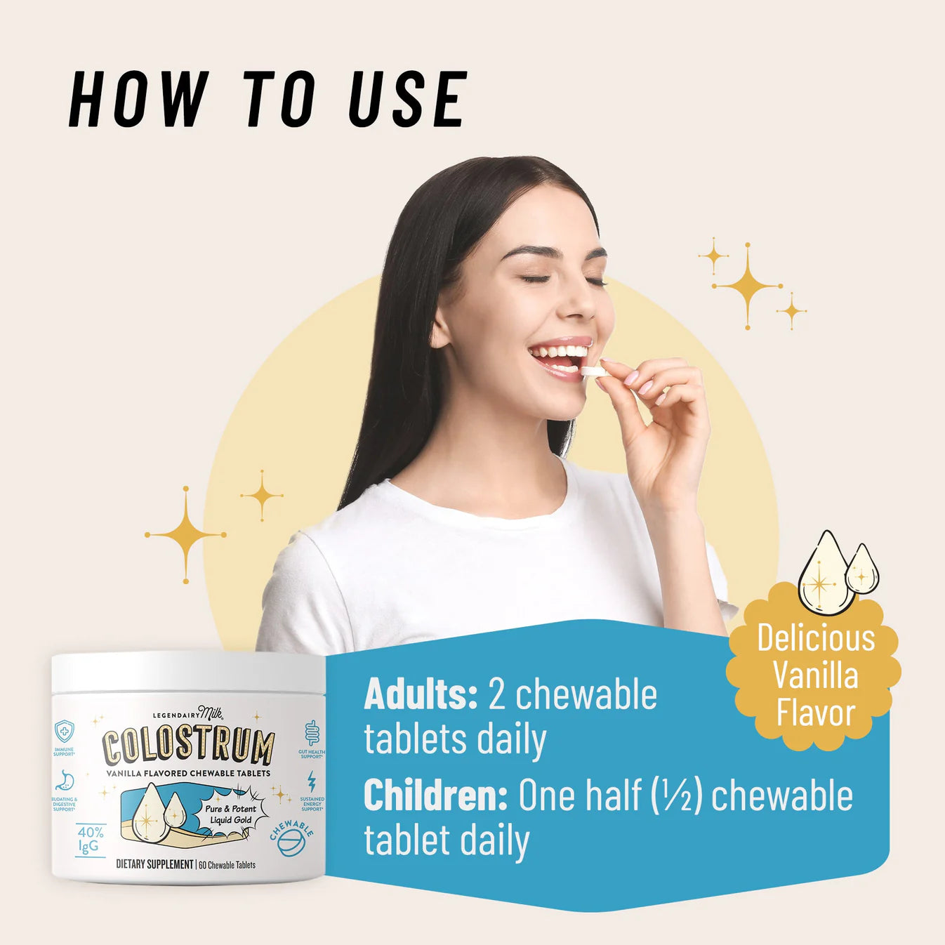 how to use vanila flavoured colostrum chewables