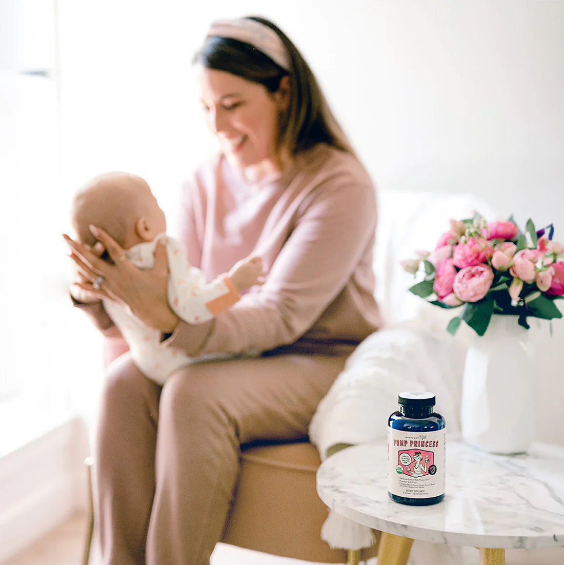 mom and baby posing with pump princess